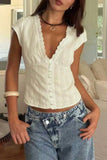 Button-Front Lace Trim Blouse