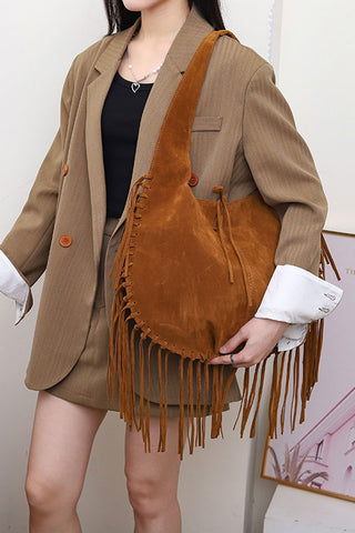 Tassel Fringe Drawstring Hobo Bag