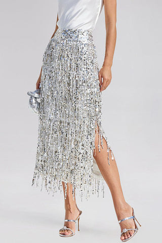 Sequin Fringe High-Waist Midi Skirt