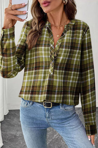 Plaid V-Neck Button-Front Long Sleeve Shirt