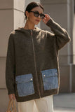 Hooded Zip-Front Denim Pocket Cardigan