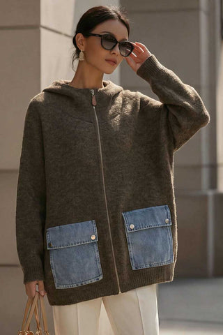 Hooded Zip-Front Denim Pocket Cardigan