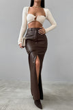 High-Waist Slit Faux Leather Maxi Skirt