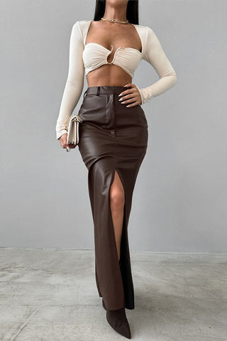 High-Waist Slit Faux Leather Maxi Skirt
