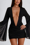Sheer Bell Sleeve Plunge Ruched Mini Dress
