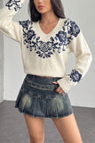 Floral Intarsia V-Neck Knit Sweater