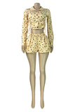 Polka Dot Long Sleeve Crop Top and Shorts Set