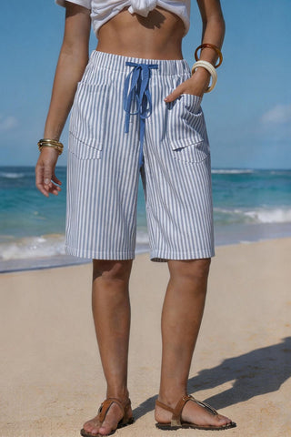 Drawstring Striped Pocket Casual Shorts