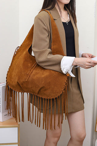 Tassel Fringe Drawstring Hobo Bag