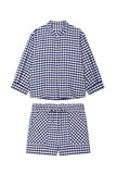Plaid Band Collar Top and Drawstring Short Set