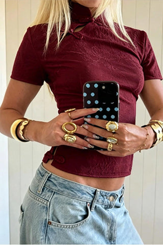 Frog Button Mock Neck Crop Blouse