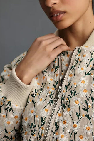 Floral Print Ribbed Trim Zip-Up Bomber Coat