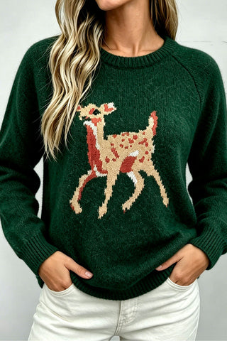 Deer Intarsia Crew Neck Knit Sweater