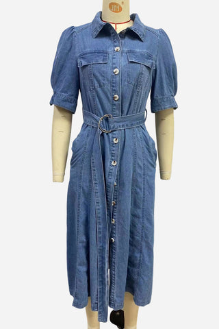 Belted Button-Front Denim Dress