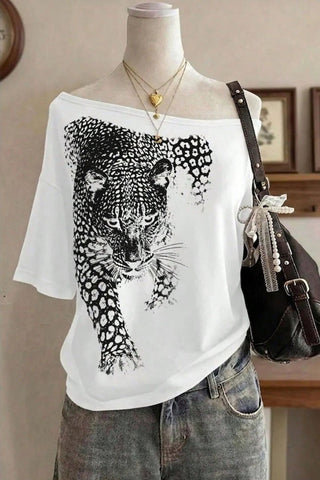 Leopard Print Off-Shoulder Short Sleeve Top
