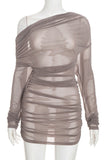 Sheer One-Shoulder Ruched Bodycon Dress