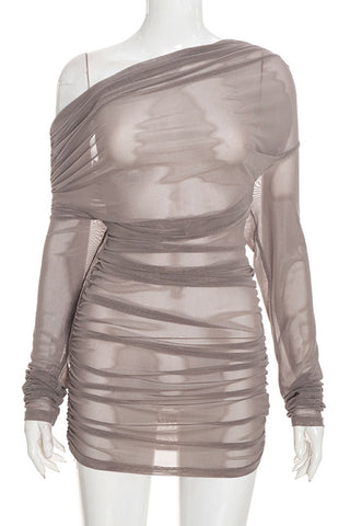 Sheer One-Shoulder Ruched Bodycon Dress