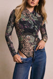 Sheer Mesh Ruched V-Neck Long Sleeve Bodysuit