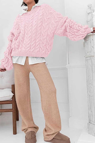 Cable Knit Crew Neck Balloon Sleeve Sweater