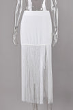 Fringe Hem High-Waist Midi Skirt