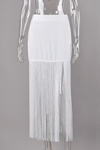 Fringe Hem High-Waist Midi Skirt