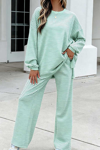 Striped Crew Neck Wide-Leg Pants Set