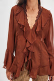 Sheer Ruffle V-Neck Bell Sleeve Blouse