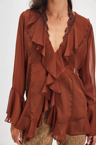 Sheer Ruffle V-Neck Bell Sleeve Blouse