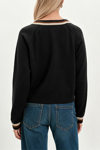 Striped Trim V-Neck Button Cardigan