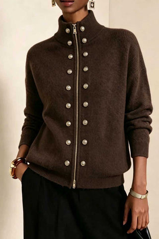 Mock Neck Zip Front Military Cardigan