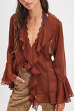 Sheer Ruffle V-Neck Bell Sleeve Blouse