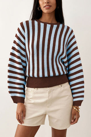 Striped Ribbed Hem Crew Neck Sweater