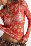 Sheer Floral Mock Neck Long Sleeve Blouse