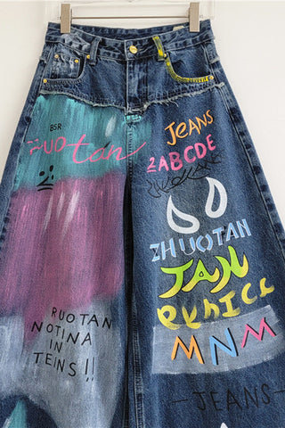 Graffiti Print High-Waist Barrel Jeans