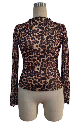 Ruffle Mock Neck Leopard Long Sleeve Top