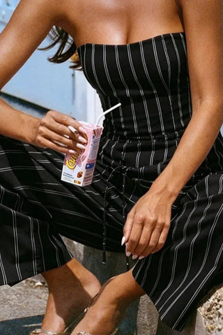 Striped Strapless Drawstring Pants Set