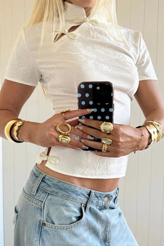 Frog Button Mock Neck Crop Blouse