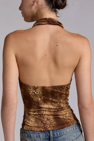 Ruched Halter Snake Print Tank