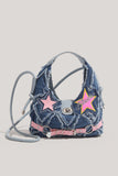 Star Patch Frayed Denim Hobo Bag