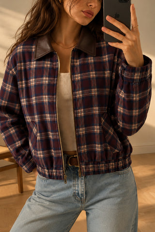Plaid Zip-Up Jacket with Contrast Collar
