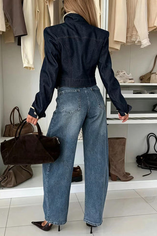 Contrast Trim Mock Neck Double-Breasted Jacket
