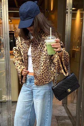 Leopard Print Faux Fur Open Front Jacket