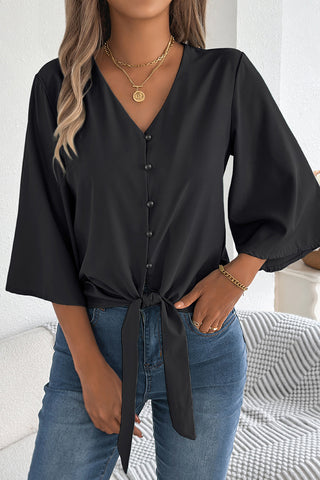 Tie-Front Buttoned Blouse