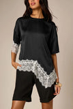 Satin Crew Neck Lace Trim T-Shirt