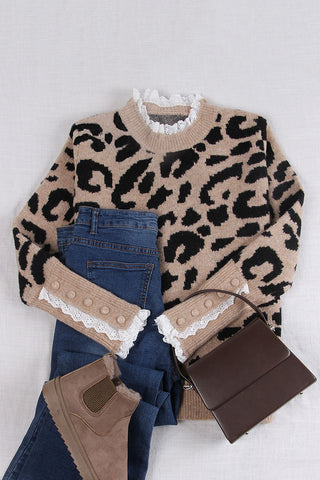Leopard Print Lace Trim Knit Sweater