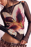 Sheer Mesh Floral Print Long Sleeve Top