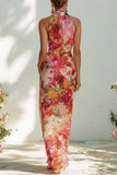 Floral Halter Ruched Maxi Dress