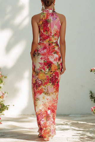 Floral Halter Ruched Maxi Dress