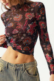 Floral Mock Neck Sheer Long Sleeve Top