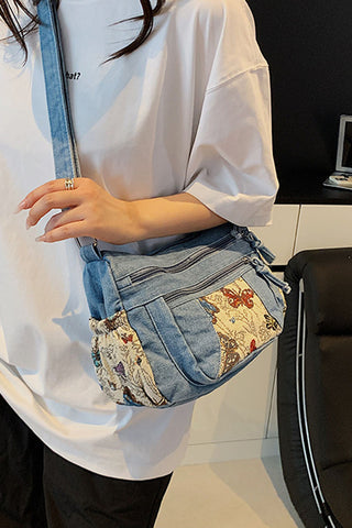 Floral Patch Zipper Drawstring Bag